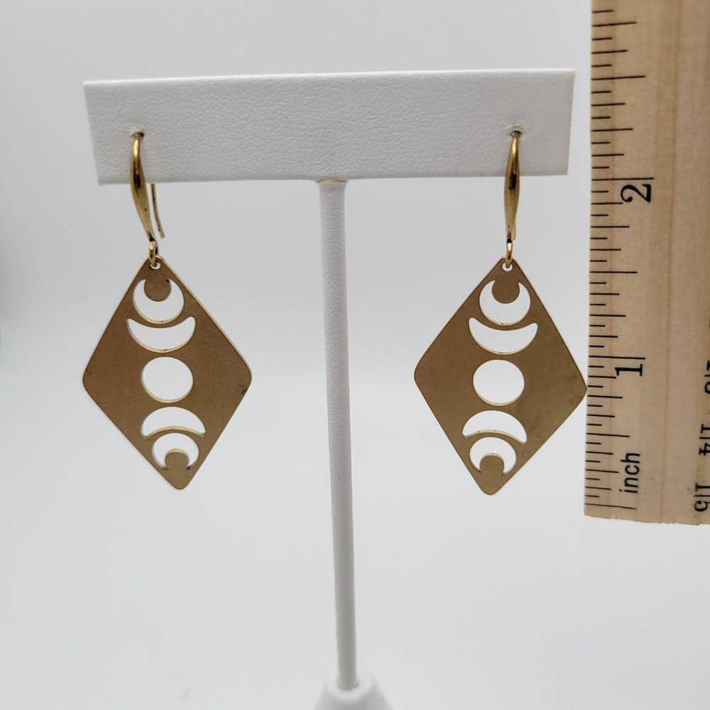 Dangle Drop Earrings Raw Brass Moon Phase Hook Handmade 2.5" Long Diamond Shape - Picture 11 of 12